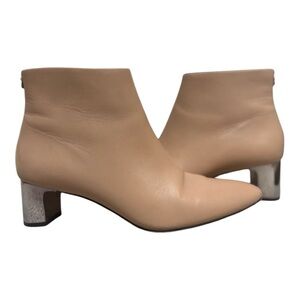 CALVIN KLEIN MIMETTE TAN LEATHER SILVER STATEMENT HEEL ANKLE BOOTIES SZ 7.5
